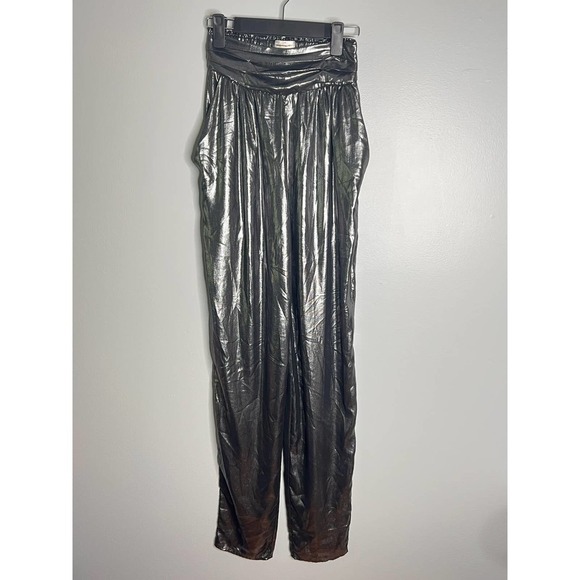 Ronny Kobo Silver Metallic Pleated High Waisted Pull on Alexandra Pants Size S - Picture 3 of 10